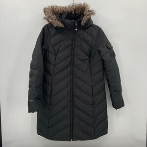 Eddie Bauer Down Puffer Parka Womens M Black Faux Fur Hood Heavy Warm Long Coat